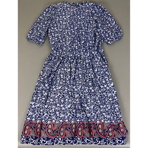 Vintage Statements Floral Dress Medium Blue White Red Paisley Border Made in USA